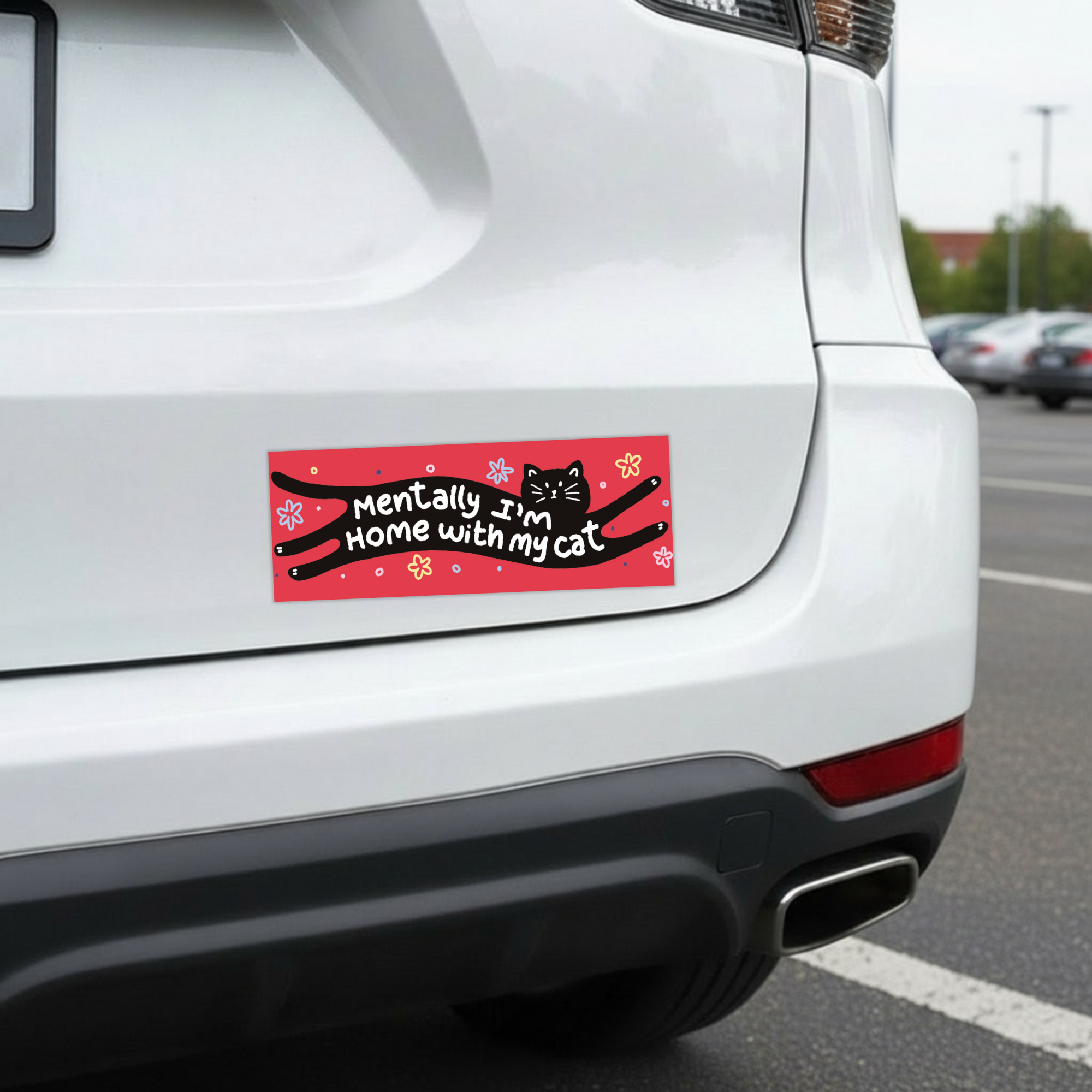 Sleazy Greetings funny bumper magnet featuring the phrase ‘Mentally I’m Home With My Cat’ integrated into a stretched black cat illustration on a bright red background with playful flowers and doodles. Humorous novelty car magnet with cozy introvert humor, whimsical pet lover aesthetic, and cute cartoon artwork.