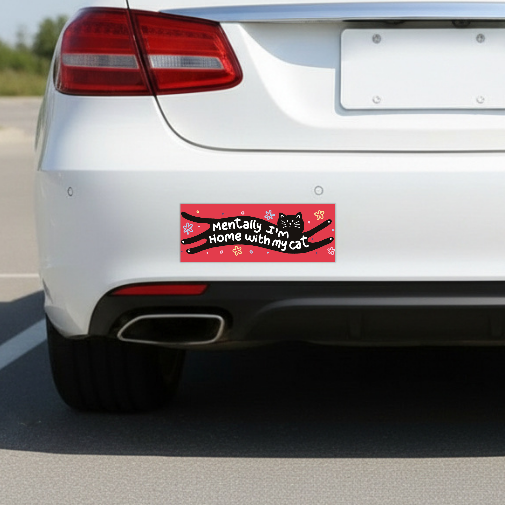 Sleazy Greetings funny bumper magnet featuring the phrase ‘Mentally I’m Home With My Cat’ integrated into a stretched black cat illustration on a bright red background with playful flowers and doodles. Humorous novelty car magnet with cozy introvert humor, whimsical pet lover aesthetic, and cute cartoon artwork.