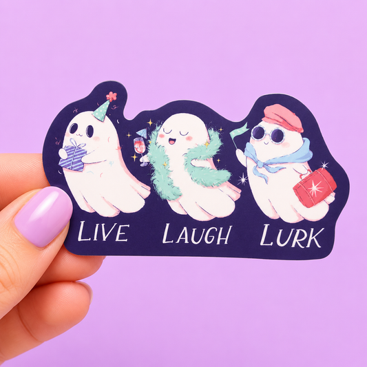 Sleazy Greetings cute die-cut vinyl sticker featuring three fashionable little ghosts beside the phrase ‘Live Laugh Lurk.’ Spooky cute sticker with cozy paranormal vibes, pastel goth humor, and adorable introvert ghost energy.