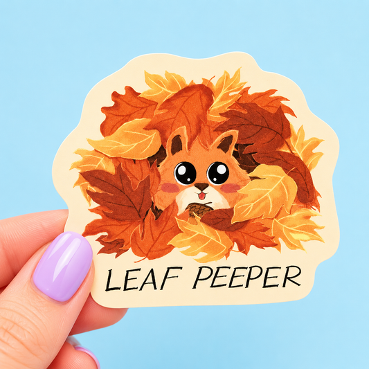 Sleazy Greetings cute die-cut vinyl sticker featuring an adorable fox peeking out from a pile of autumn leaves beside the phrase ‘Leaf Peeper.’ Cozy fall-themed sticker with cottagecore woodland vibes, playful seasonal humor, and soft whimsical artwork.