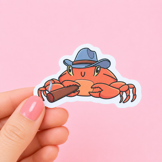 Sleazy Greetings funny die-cut vinyl sticker featuring a tiny cowboy crab holding a smoking log like a cigar. Cute chaotic crustacean sticker with goofy western energy, playful cartoon artwork, and aggressively unbothered little gremlin vibes.