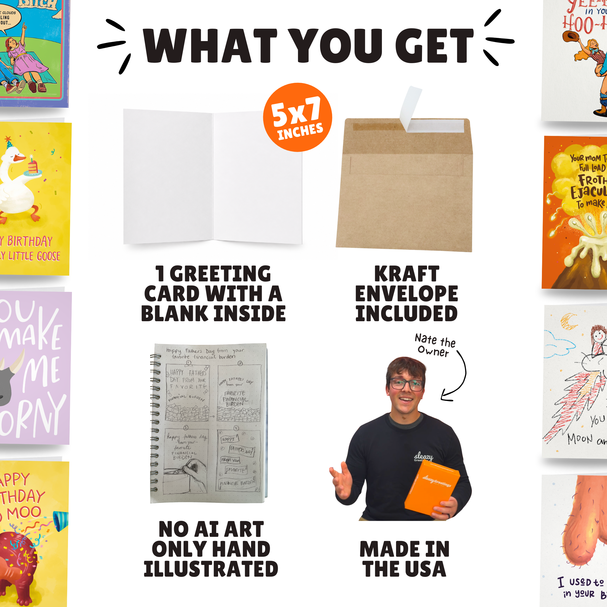 Sleazy Greetings greeting card product details image showing what is included with each order. The infographic highlights one 5x7 greeting card with a blank interior for a personal message, a kraft envelope included, original hand-illustrated artwork with no AI-generated art, and proudly made in the USA. The image also features the brand owner alongside sample card designs, showcasing the quality, craftsmanship, and authenticity behind Sleazy Greetings products.
