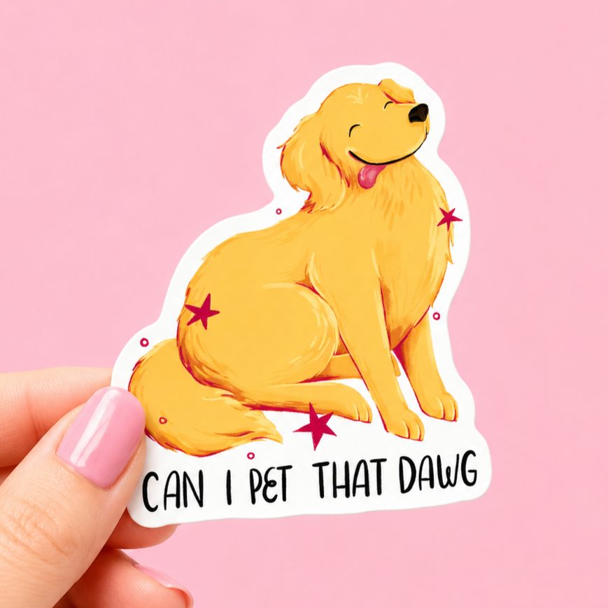 Funny dog meme vinyl sticker inspired by the viral "Can I Pet That Dawg?" internet moment. Waterproof sticker for laptops, water bottles, and more.