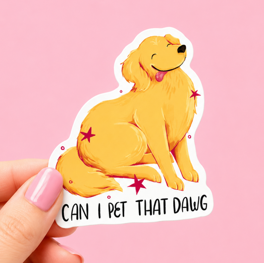 Funny dog meme vinyl sticker inspired by the viral "Can I Pet That Dawg?" internet moment. Waterproof sticker for laptops, water bottles, and more.