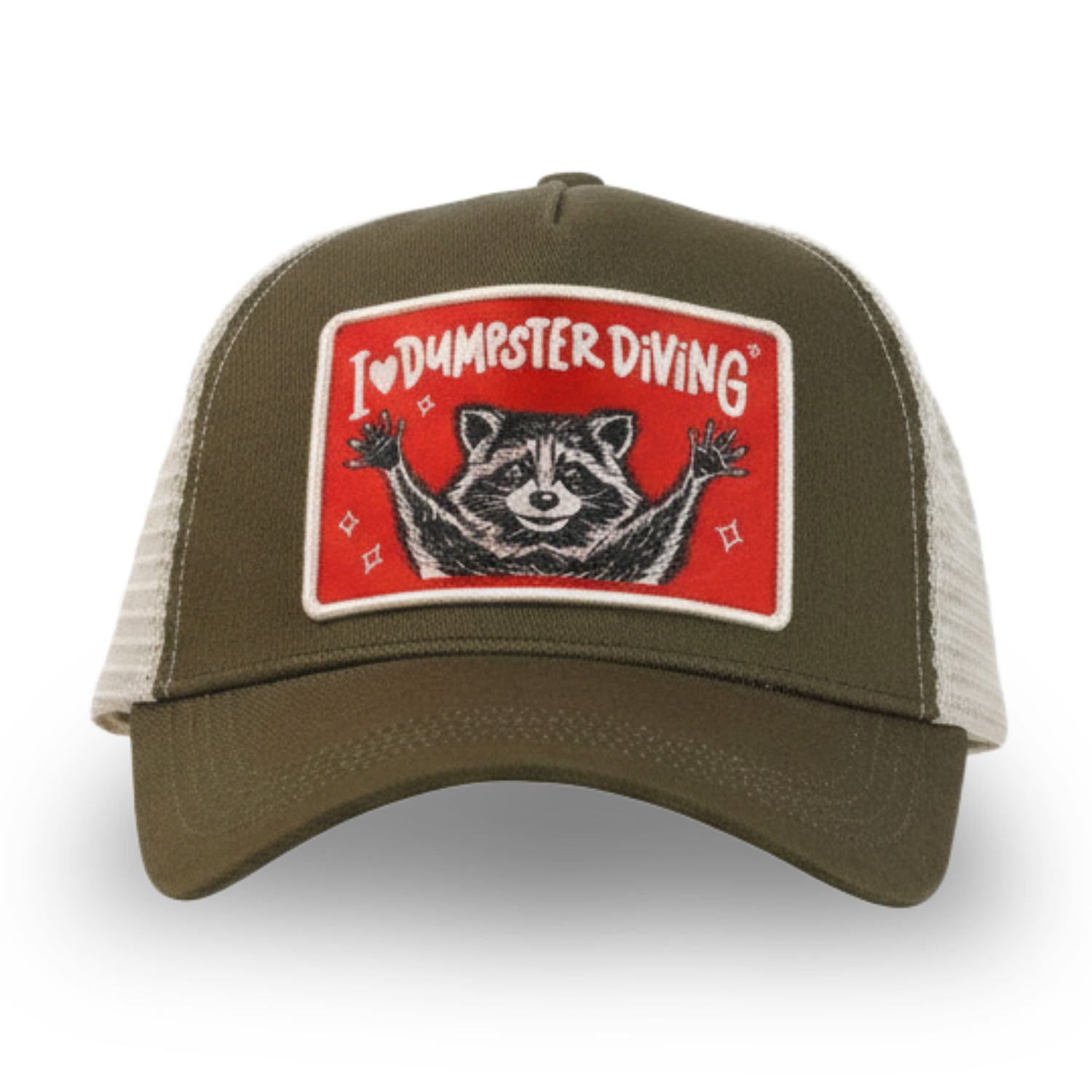 Sleazy Greetings trucker hat featuring an ‘I ♥ Dumpster Diving’ patch with a playful raccoon illustration on a red background. Olive green and white mesh-back snapback hat with quirky trash panda humor and vintage-inspired novelty graphic design.
