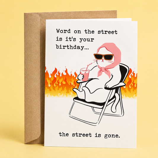 Sleazy Greetings funny birthday card featuring a relaxed white cat wearing sunglasses and a pink headscarf while lounging in a lawn chair with a drink, as flames burn behind it. The card reads, “Word on the street is it’s your birthday... the street is gone,” and is shown with a kraft envelope.