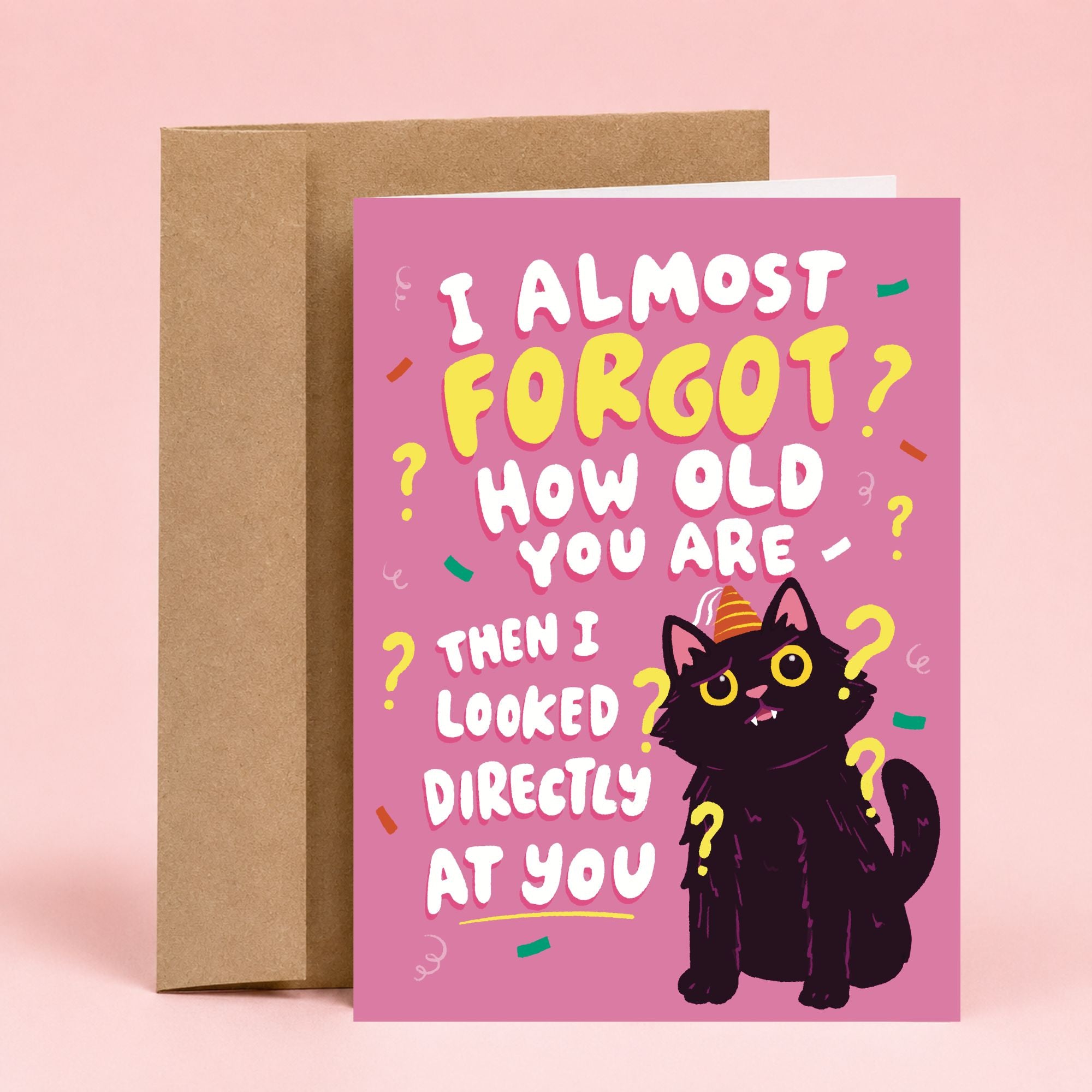 Sleazy Greetings funny birthday card featuring a confused black cat wearing a party hat on a pink background with the phrase, “I Almost Forgot How Old You Are, Then I Looked Directly at You.” Sarcastic birthday greeting card perfect for cat lovers, friends, family, and anyone who enjoys aging humor.