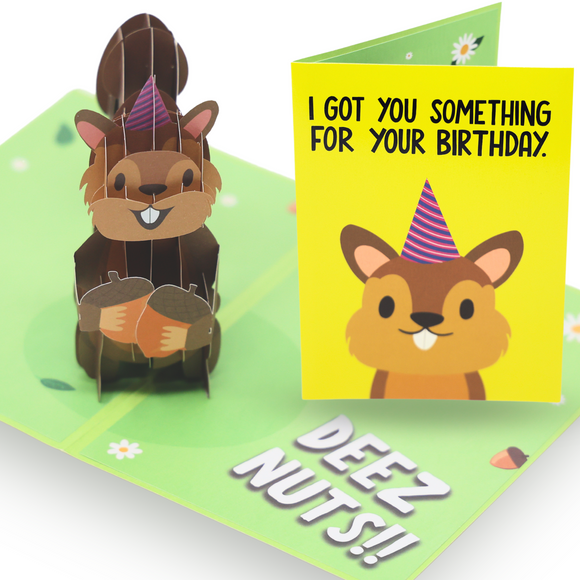 Sleazy Greetings Deez Nuts Squirrel Pop Up Birthday Card - Funny Birthday Card for Men Women - Squirrel 3D Greeting Cards 5x7 Inch