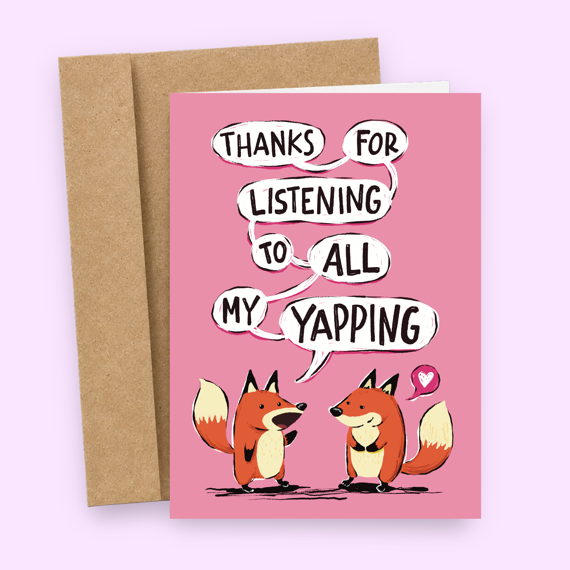 Sleazy Greetings funny appreciation greeting card featuring two cute orange foxes chatting with speech bubbles on a pink background with the phrase “Thanks for Listening to All My Yapping.” Sweet and humorous thank you card for best friends, girlfriends, boyfriends, partners, and anyone who puts up with endless conversations.