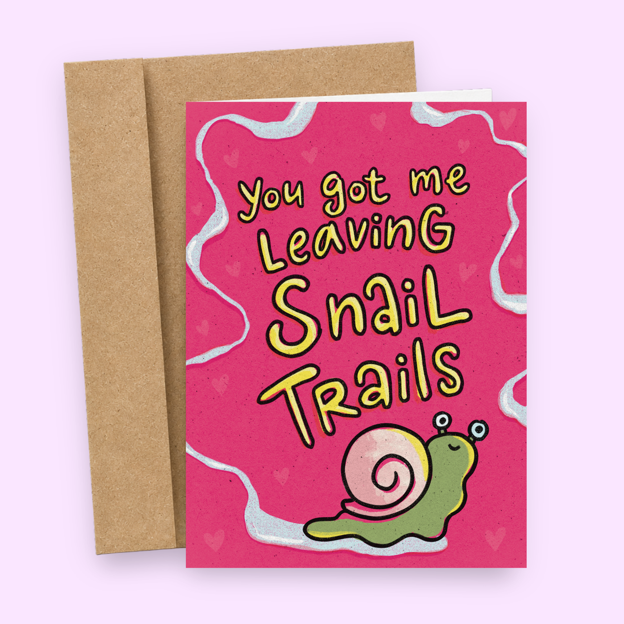 Sleazy Greetings funny love card interior featuring a cute green snail with a pink shell, pink hearts, and a light blue wavy border, with blank space for a handwritten message.