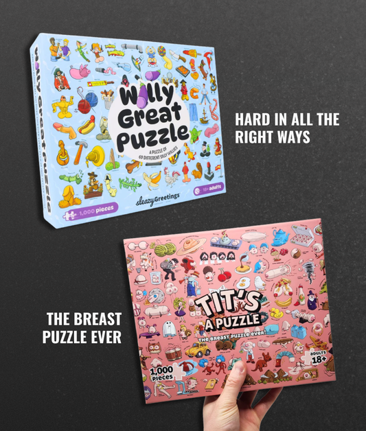 Two naughty adult funny puzzle boxes with colorful illustrations on a black background