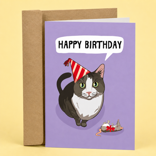Sleazy Greetings funny birthday card featuring a grumpy cat wearing a red striped party hat on a purple background. The cat reluctantly says “Happy Birthday” in a speech bubble while a defeated mouse wearing a party hat sits nearby. Displayed with a kraft envelope against a soft yellow background, this humorous cat birthday card is perfect for cat lovers, pet owners, friends, coworkers, and anyone who appreciates sarcastic birthday humor.