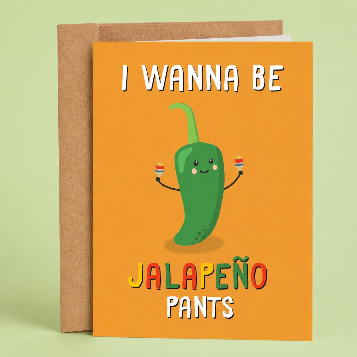 Sleazy Greetings funny birthday card featuring a dancing jalapeño pepper shaking maracas and the phrase “I Wanna Be Jalapeño Pants,” a hilarious birthday card for friends, family, coworkers, food lovers, pun enthusiasts, or anyone who appreciates cheesy jokes, spicy humor, and laugh-out-loud birthday wishes.