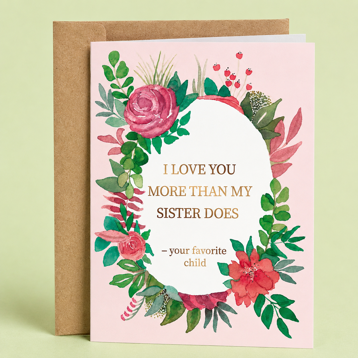 Sleazy Greetings funny Mother’s Day card featuring a beautiful watercolor floral wreath on a soft pink background. The card reads, “I Love You More Than My Sister Does — Your Favorite Child,” making a playful sibling rivalry joke for Mom, and is displayed with a kraft envelope.