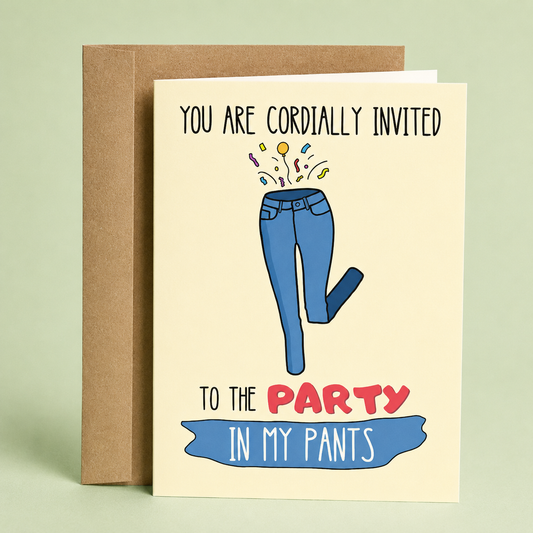 Sleazy Greetings funny adult humor card interior shown open with a kraft envelope in the background. The inside punchline reads, “Are You Cumming?” on the right panel, continuing the cheeky and suggestive joke from the front of the card. A hand holding a pen demonstrates the writable interior, with plenty of blank space available for a personalized message.