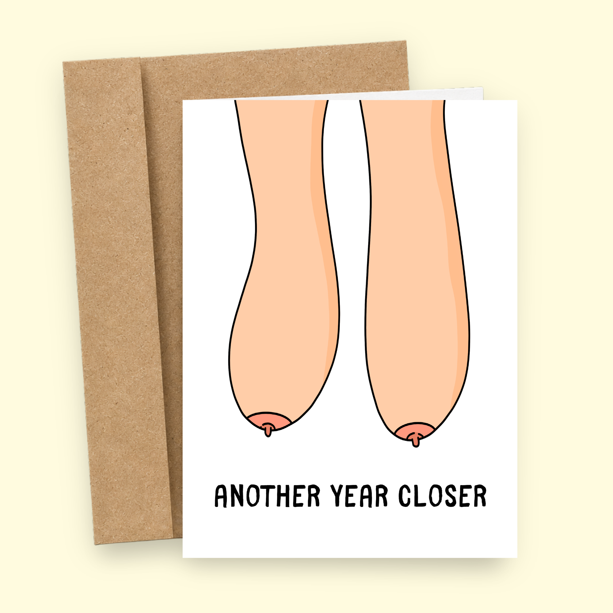 Sleazy Greetings funny birthday card featuring a pair of aging saggy boobs and the phrase “Another Year Closer,” a hilariously cheeky birthday card for best friends, sisters, coworkers, wives, girlfriends, or anyone with a great sense of humor who can laugh about getting older, gravity doing its thing, and another birthday passing by.