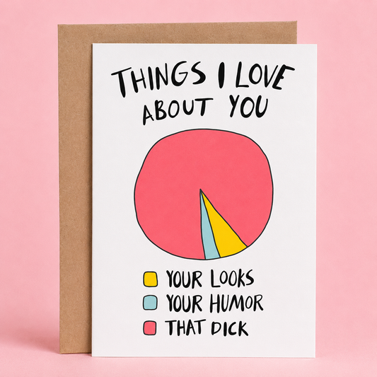 Sleazy Greetings funny adult love card featuring a pie chart on a white background labeled “Things I Love About You.” The chart humorously shows that the overwhelming majority is “That Dick,” with tiny portions for “Your Looks” and “Your Humor.” Displayed with a kraft envelope against a soft pink background.