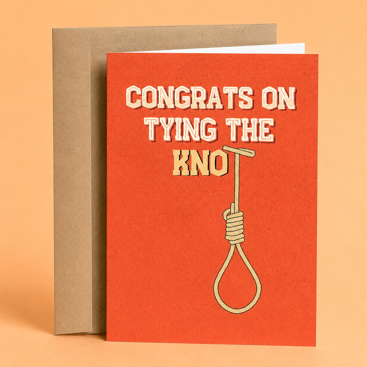 Funny wedding card featuring the phrase "Congrats on Tying the Knot" with a humorous noose illustration, a sarcastic wedding greeting card by Sleazy Greetings, perfect for newlyweds, engaged couples, bridal showers, bachelor parties, wedding gifts, and friends who appreciate dark humor, funny marriage jokes, and unconventional wedding cards.