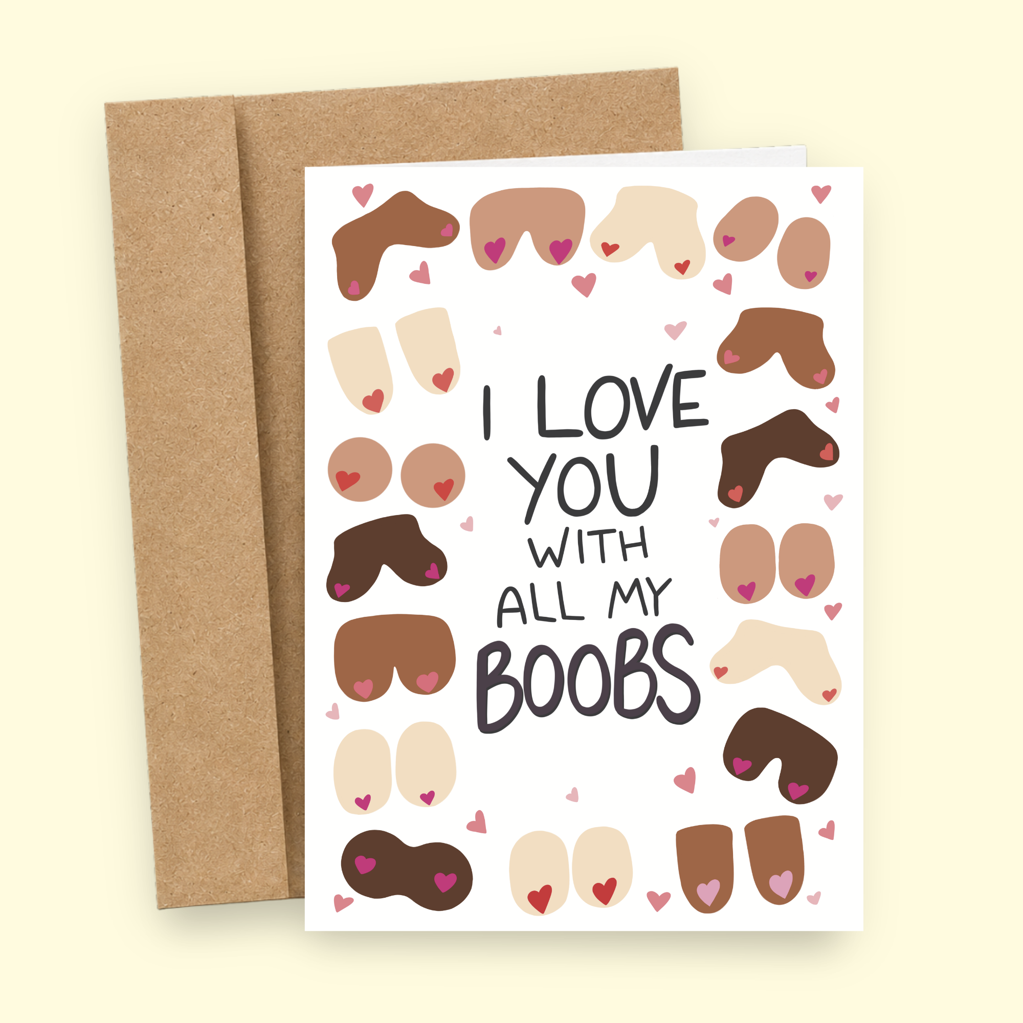 Sleazy Greetings love card featuring the phrase "I Love You With All My Boobs" surrounded by illustrated boobs of different shapes and skin tones with heart accents, funny romantic greeting card perfect for Valentine's Day, anniversaries, wives, girlfriends, partners, spouses, and anyone who appreciates cheeky humor, body positivity, and playful expressions of love.