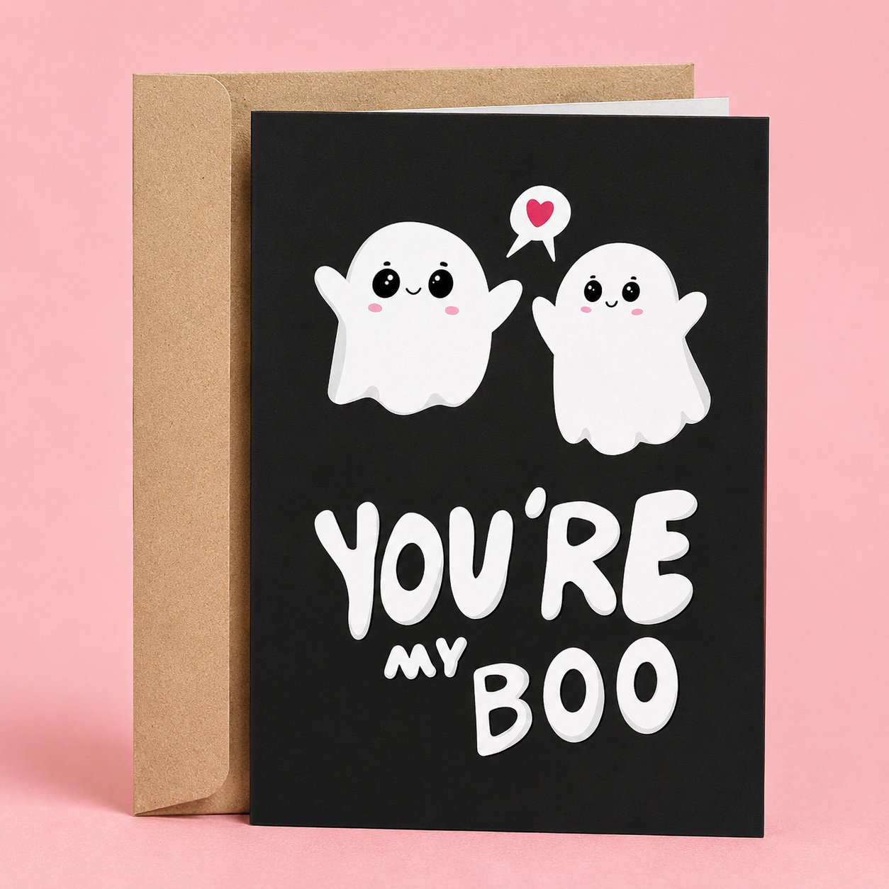 Sleazy Greetings cute Halloween love card featuring two adorable ghosts and the phrase “You’re My Boo,” a sweet and playful Halloween, Valentine's Day, anniversary, wedding, engagement, or just-because card for husbands, wives, boyfriends, girlfriends, fiancés, partners, or anyone who loves spooky season, ghost puns, and heartfelt romantic humor.