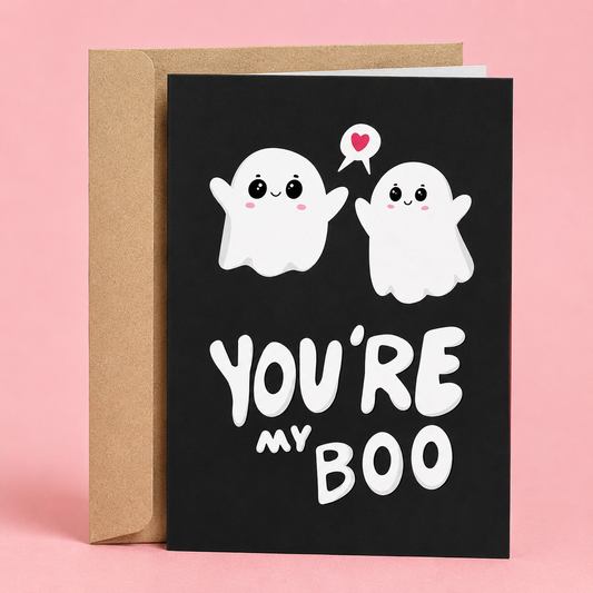 Sleazy Greetings cute Halloween love card featuring two adorable ghosts and the phrase “You’re My Boo,” a sweet and playful Halloween, Valentine's Day, anniversary, wedding, engagement, or just-because card for husbands, wives, boyfriends, girlfriends, fiancés, partners, or anyone who loves spooky season, ghost puns, and heartfelt romantic humor.