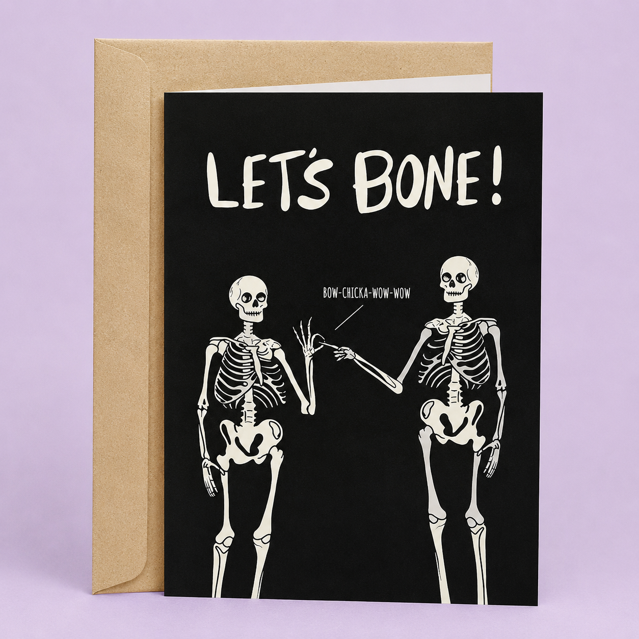 Sleazy Greetings funny Halloween, Valentine's Day, anniversary, or flirty love card featuring two skeletons touching fingers and the phrase “Let’s Bone!” a hilariously romantic card for husbands, wives, boyfriends, girlfriends, fiancés, partners, or anyone who appreciates skeleton puns, spooky romance, cheeky humor, and getting straight to the point.