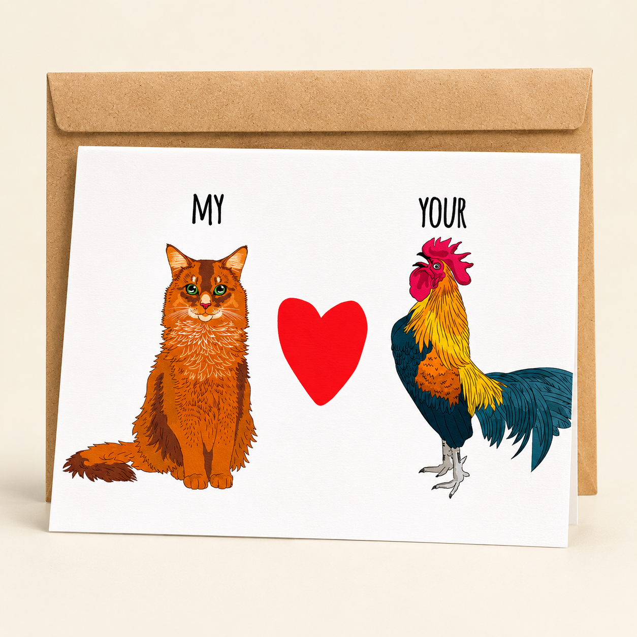 Sleazy Greetings funny love card featuring a fluffy cat, a rooster, and a heart with the phrase “My Pussy Loves Your Cock,” a hilariously cheeky Valentine's Day, anniversary, wedding, engagement, or just-because card for husbands, wives, boyfriends, girlfriends, fiancés, or partners who appreciate clever visual puns, flirty humor, and laugh-out-loud romance.