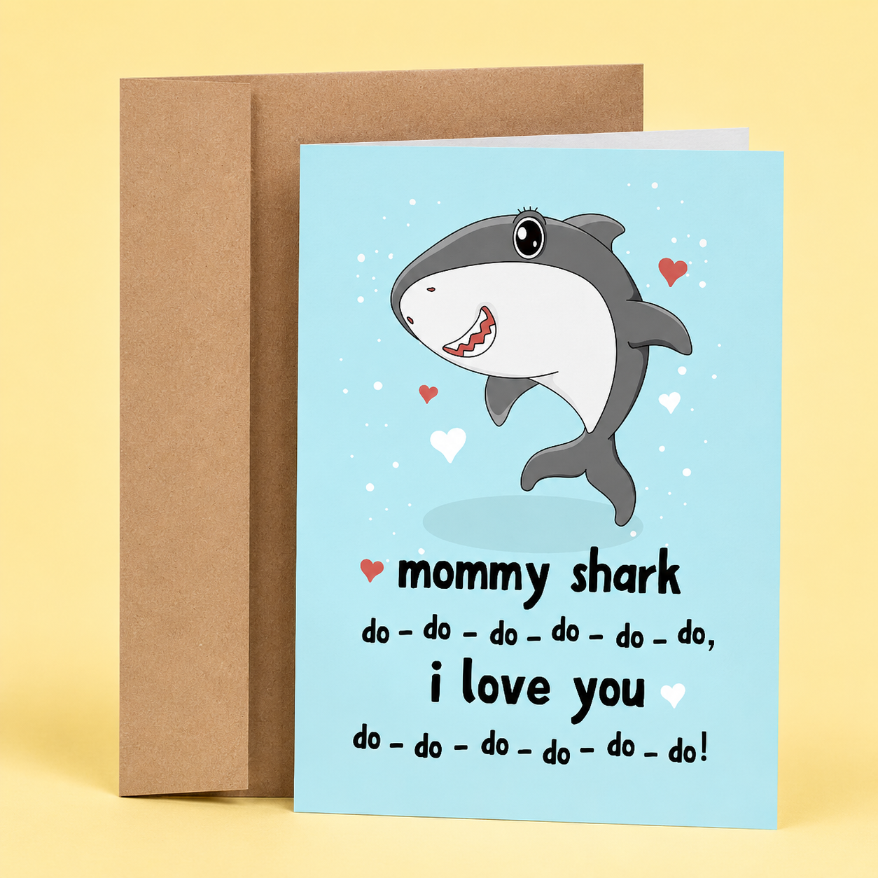 Sleazy Greetings cute and funny Mother's Day card featuring an adorable shark and the phrase “Mommy Shark, Do-Do-Do-Do-Do-Do, I Love You,” a sweet and playful Mother's Day card for moms, stepmoms, grandmas, new moms, or any mother figure who survived endless children's songs, bedtime routines, and deserves a heartfelt reminder of how much she's loved.