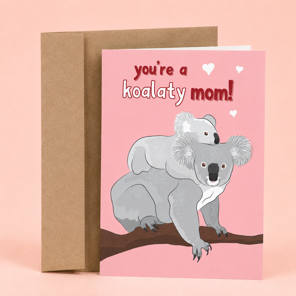 Sleazy Greetings cute and funny Mother's Day card featuring a koala mom carrying her baby and the phrase “You’re a Koalaty Mom!” a sweet pun-filled Mother's Day card for moms, stepmoms, grandmas, mothers-in-law, new moms, or any mother figure who deserves appreciation, love, and recognition for being an amazing parent.