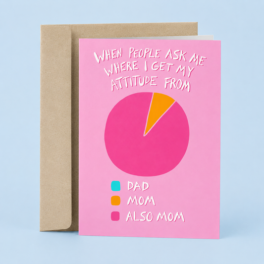 Sleazy Greetings funny Mother's Day card featuring a pie chart and the phrase “When People Ask Me Where I Get My Attitude From,” showing the answer is mostly Mom, a hilarious Mother's Day card for moms, stepmoms, mothers-in-law, or any mother figure whose personality, sass, sarcasm, and stubbornness were clearly passed down to the next generation.