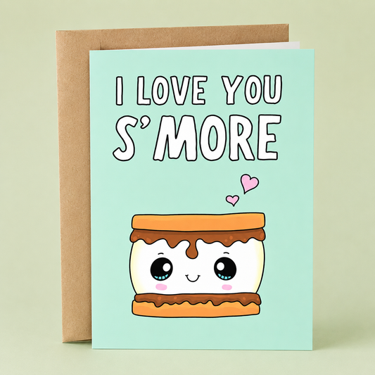 Sleazy Greetings cute love card featuring an adorable s’more character and the phrase “I Love You S’More,” a sweet and punny Valentine's Day, anniversary, wedding, engagement, or just-because card for husbands, wives, boyfriends, girlfriends, partners, fiancés, or anyone who deserves a heartfelt reminder that they’re loved a little s’more every day.