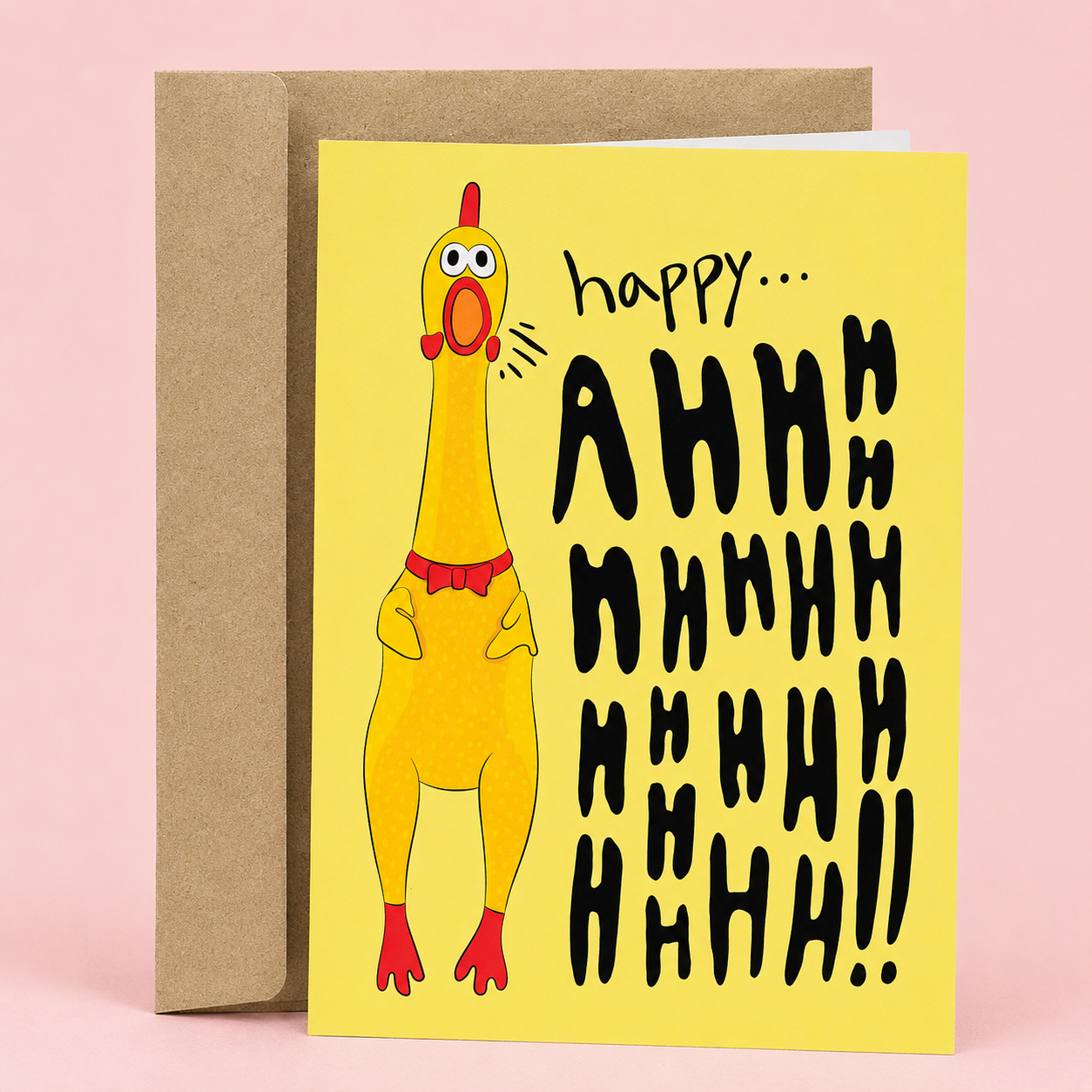 Sleazy Greetings funny birthday card featuring a screaming rubber chicken and the phrase “Happy... AHHH! AHHHHH! AHHHHHH! AHHHH!!” a humorous birthday card for friends, family, coworkers, chicken lovers, pranksters, or anyone who appreciates absurd humor, chaotic energy, and laugh-out-loud birthday wishes.