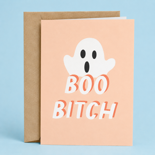 Sleazy Greetings funny Halloween greeting card featuring a cute ghost and the phrase “Boo Bitch,” a humorous spooky season card for friends, sisters, coworkers, Halloween parties, trick-or-treat season, or anyone who loves sassy ghost puns and playful Halloween humor.