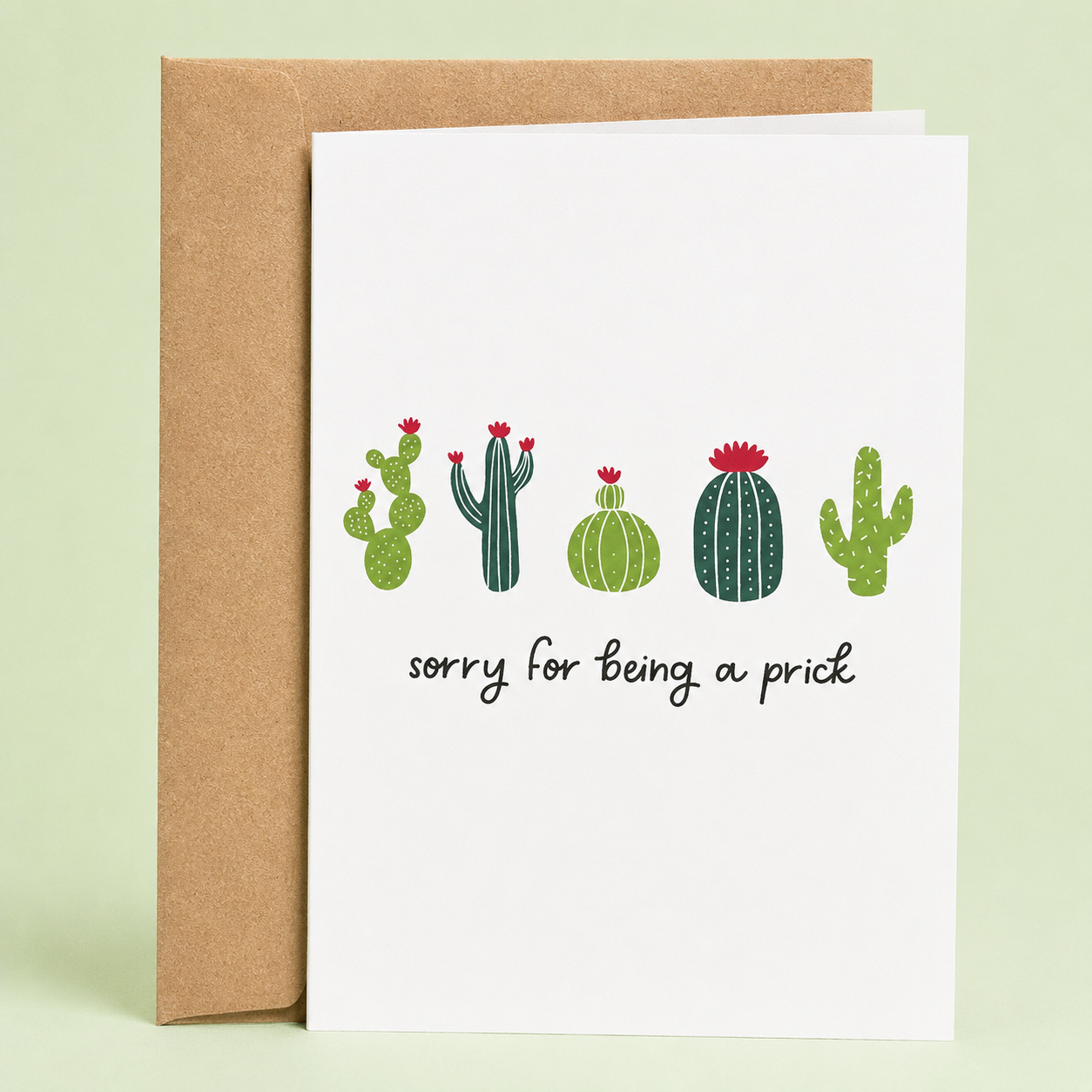 Sleazy Greetings funny apology card featuring a collection of cacti and the phrase “Sorry for Being a Prick,” a humorous apology card for friends, family, coworkers, partners, spouses, or anyone who deserves a sincere apology with a little cactus-themed humor.
