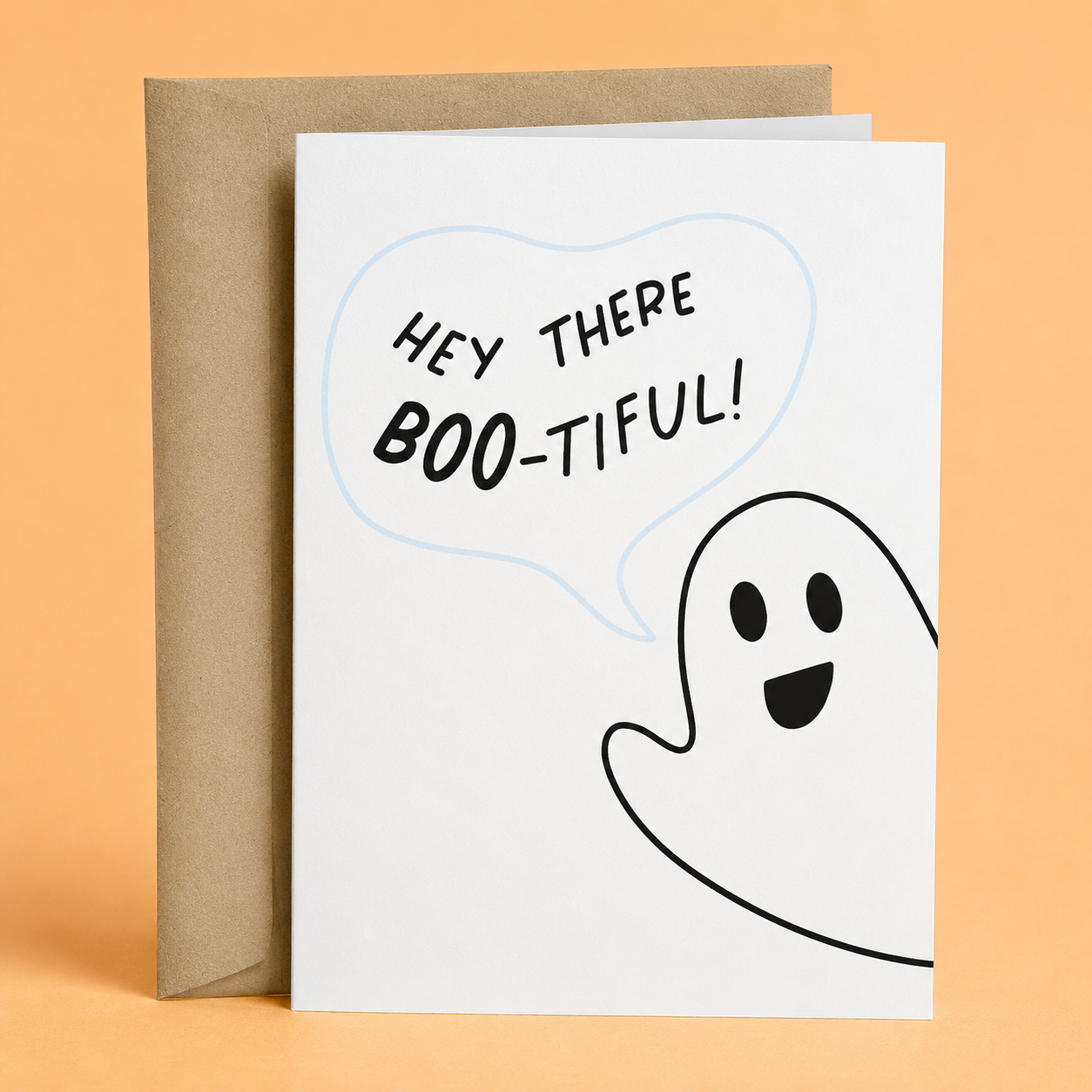Sleazy Greetings funny Halloween greeting card featuring a friendly ghost and the phrase “Hey There Boo-tiful!” a cute and humorous spooky season card for boyfriend, girlfriend, husband, wife, partner, friends, family, Halloween lovers, or anyone who enjoys sweet ghost puns and playful Halloween humor.