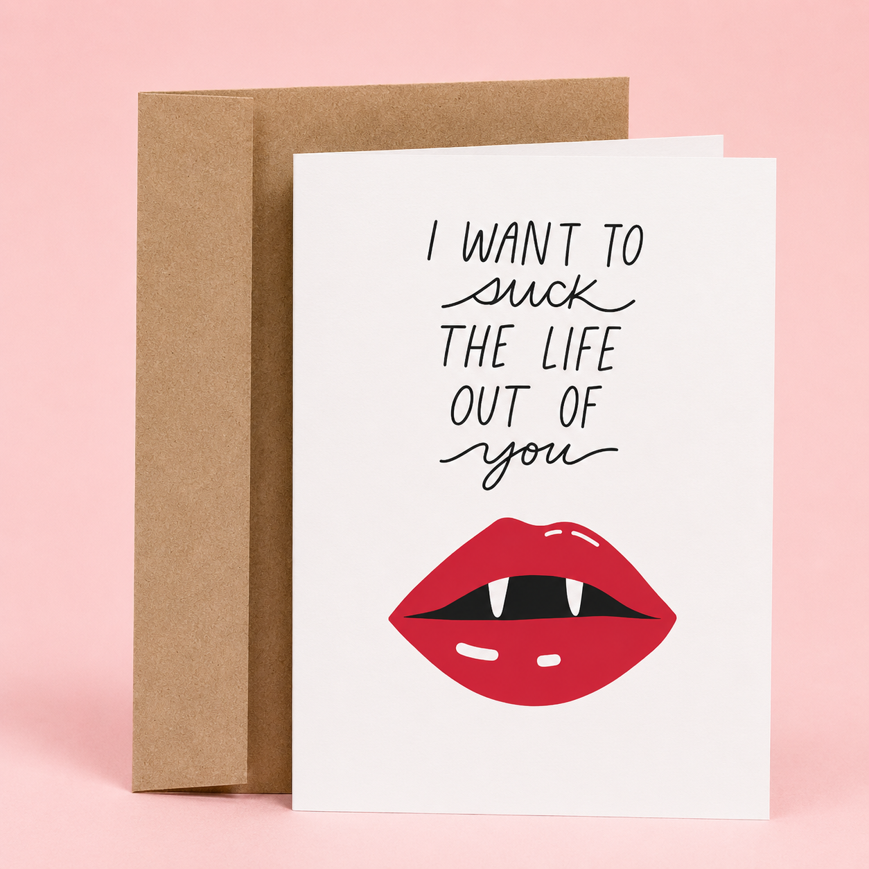 Sleazy Greetings funny Halloween greeting card featuring vampire lips with fangs and the phrase “I Want to Suck the Life Out of You,” a humorous spooky season card for boyfriend, girlfriend, husband, wife, partner, Valentine's Day, Halloween lovers, or anyone who enjoys flirty vampire humor and playful romantic puns.