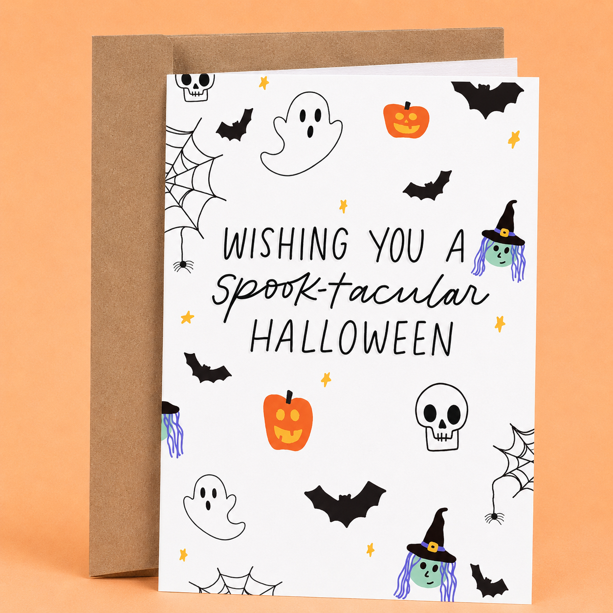 Sleazy Greetings Halloween greeting card featuring ghosts, bats, pumpkins, witches, skulls, and spiderwebs with the phrase “Wishing You a Spook-tacular Halloween,” a fun and festive spooky season card for friends, family, coworkers, kids, Halloween party hosts, trick-or-treaters, or anyone who loves classic Halloween celebrations.