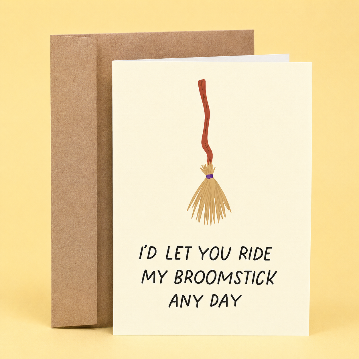 Sleazy Greetings funny Halloween greeting card featuring a witch’s broomstick and the phrase “I’d Let You Ride My Broomstick Any Day,” a humorous adult card for boyfriend, girlfriend, husband, wife, partner, Halloween lovers, spooky season celebrations, or anyone who enjoys flirty witch-themed humor and playful innuendos.