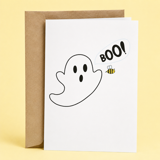 Sleazy Greetings funny Halloween greeting card featuring a ghost saying “Boo!” to a bee, a playful pun card perfect for Halloween parties, trick-or-treat season, friends, family, coworkers, kids, or anyone who loves cute spooky humor.