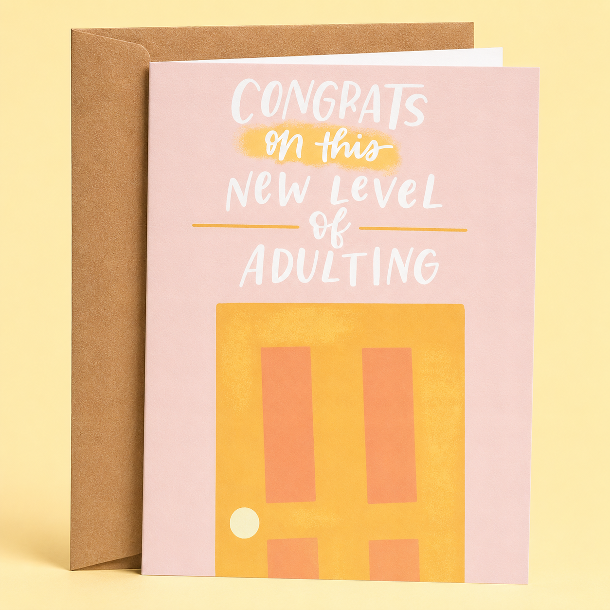 Sleazy Greetings funny housewarming card featuring the phrase “Congrats on This New Level of Adulting” with a home illustration, a humorous new home congratulations card for first-time homeowners, home buyers, friends, family, neighbors, or moving celebrations.