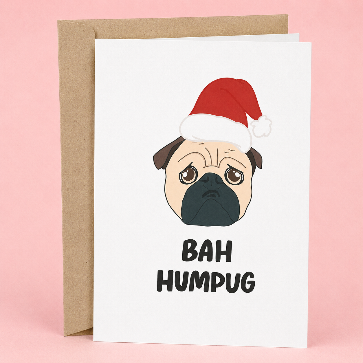 Sleazy Greetings funny Christmas greeting card featuring a grumpy pug wearing a Santa hat and the phrase “Bah Humpug,” a humorous holiday card for dog lovers, pug owners, friends, family, coworkers, pet parents, or anyone who prefers a little sarcasm with their Christmas cheer.
