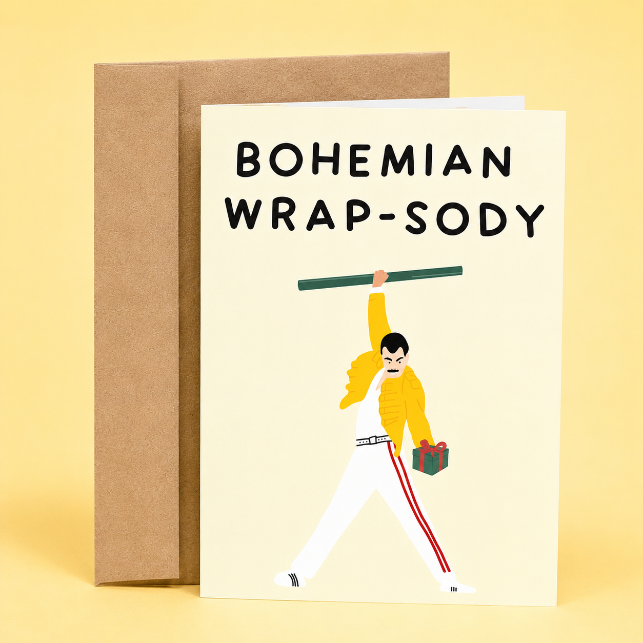 Sleazy Greetings funny Christmas greeting card featuring a parody of a legendary rock performance with a wrapped gift and the phrase “Bohemian Wrap-sody,” a humorous holiday card for music lovers, Christmas gift exchanges, friends, family, coworkers, or anyone who appreciates clever Christmas puns.