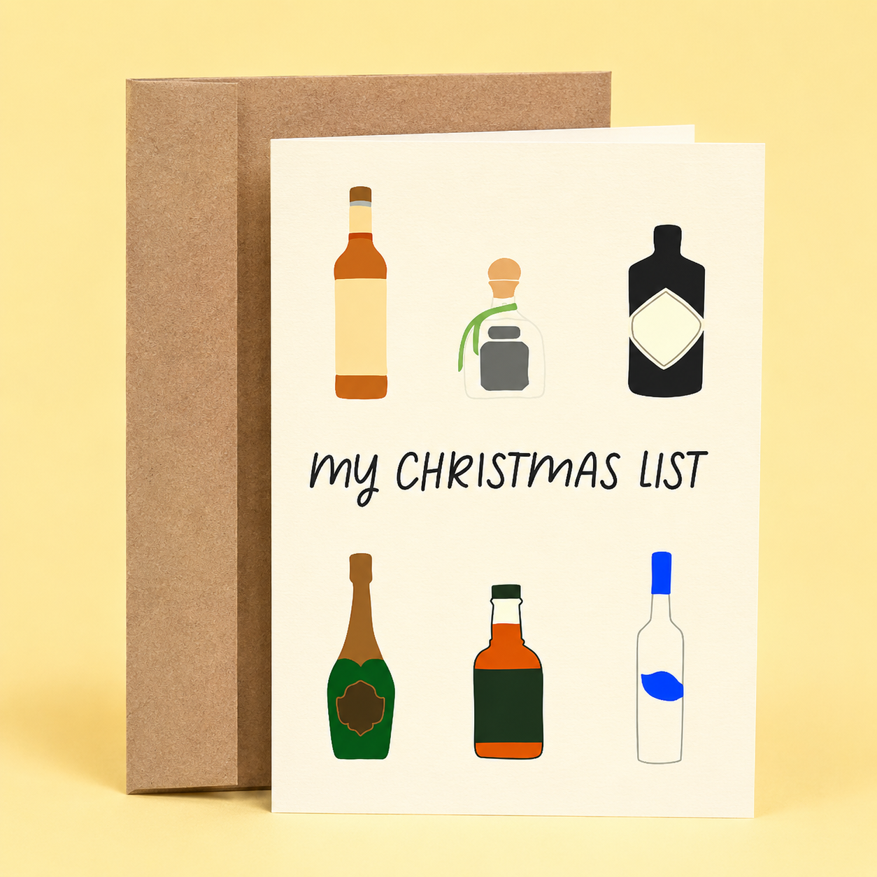 Sleazy Greetings funny Christmas greeting card featuring a lineup of liquor bottles and the phrase “My Christmas List,” a humorous holiday card for whiskey lovers, wine drinkers, cocktail enthusiasts, bartenders, friends, family, coworkers, or anyone who enjoys festive drinking humor during the Christmas season.
