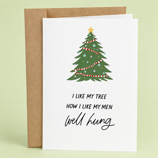 Sleazy Greetings funny adult Christmas greeting card featuring a decorated Christmas tree and the phrase “I Like My Tree How I Like My Men, Well Hung,” a humorous naughty holiday card for boyfriend, girlfriend, husband, wife, partner, Christmas parties, gift exchanges, or anyone who enjoys cheeky Christmas humor and festive innuendos.