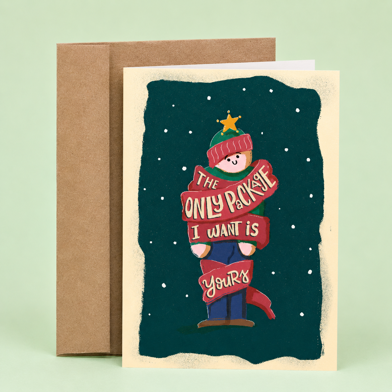 Sleazy Greetings romantic Christmas greeting card featuring a cozy winter character wrapped in a ribbon and the phrase “The Only Package I Want Is Yours,” a sweet and funny holiday card for boyfriend, girlfriend, husband, wife, partner, fiancée, or anyone celebrating Christmas with the one they love.