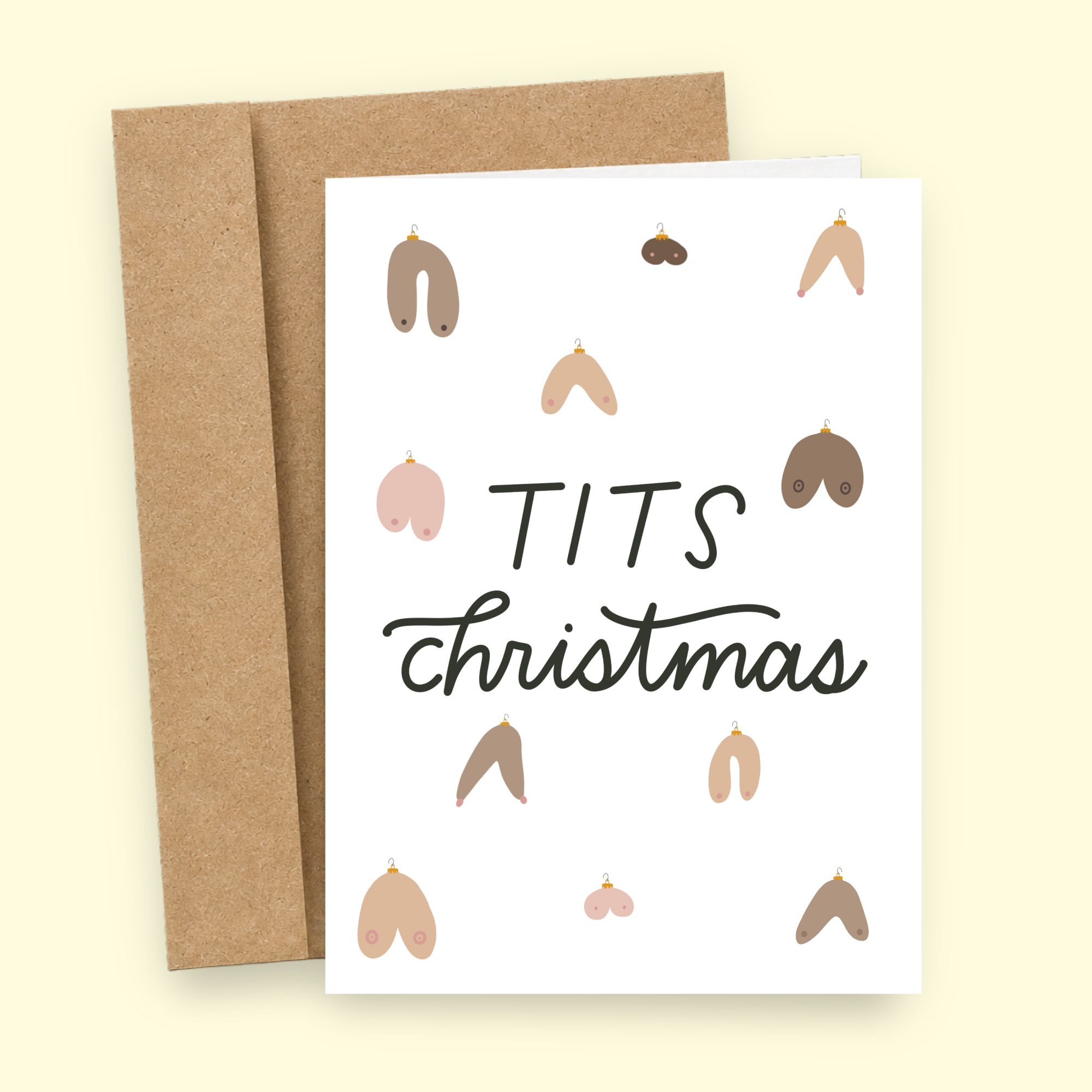 Sleazy Greetings funny Christmas greeting card featuring holiday ornaments shaped like boobs and the phrase “Tits Christmas,” a humorous adult holiday card for boyfriend, girlfriend, husband, wife, partner, Christmas parties, gift exchanges, or anyone who enjoys naughty Christmas humor and festive puns.