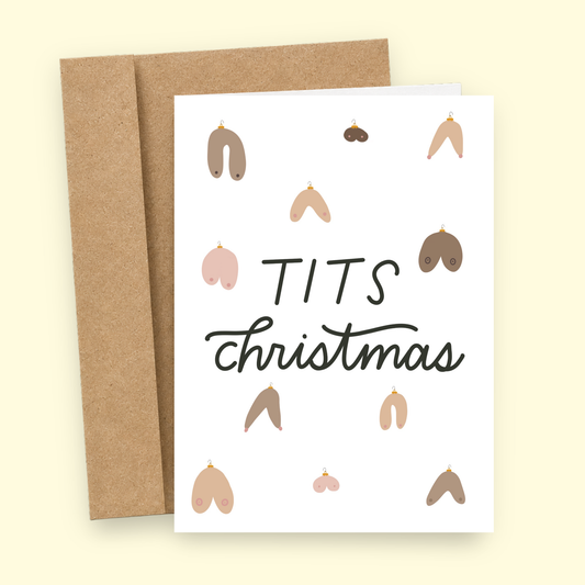 Sleazy Greetings funny Christmas greeting card featuring holiday ornaments shaped like boobs and the phrase “Tits Christmas,” a humorous adult holiday card for boyfriend, girlfriend, husband, wife, partner, Christmas parties, gift exchanges, or anyone who enjoys naughty Christmas humor and festive puns.
