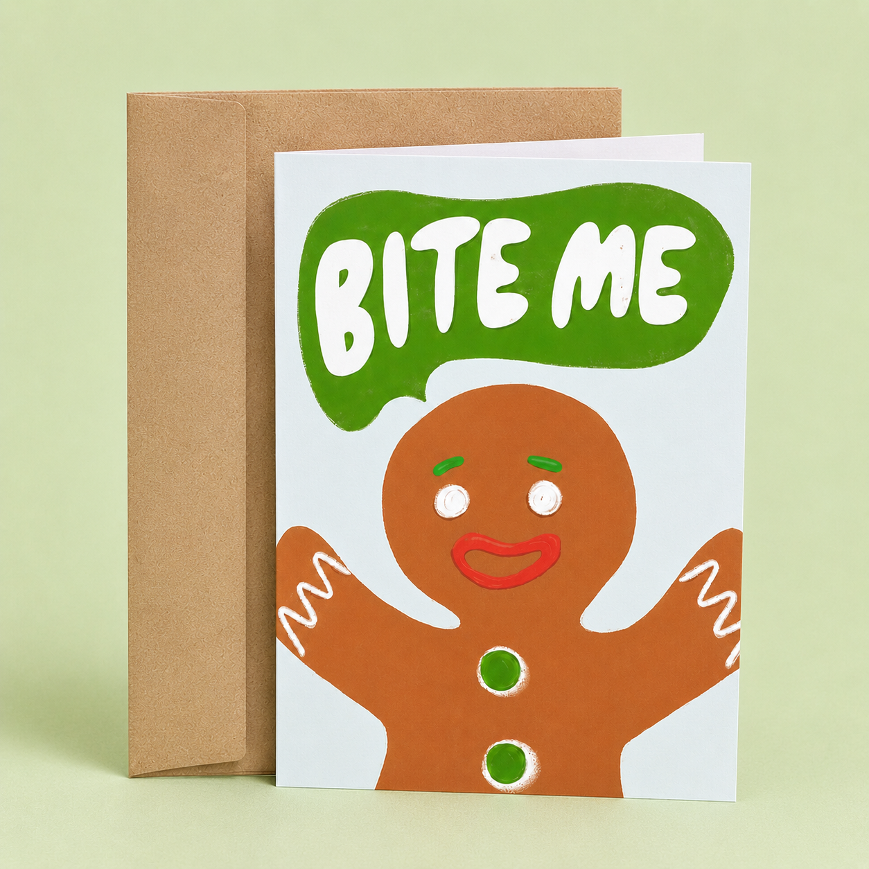 Sleazy Greetings funny Christmas greeting card featuring a gingerbread cookie and the phrase “Bite Me,” a humorous holiday card for friends, family, coworkers, Christmas parties, gift exchanges, or anyone who loves sarcastic Christmas humor.