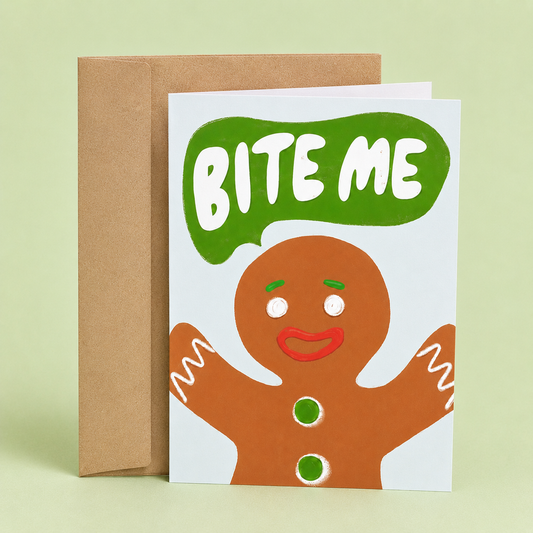 Sleazy Greetings funny Christmas greeting card featuring a gingerbread cookie and the phrase “Bite Me,” a humorous holiday card for friends, family, coworkers, Christmas parties, gift exchanges, or anyone who loves sarcastic Christmas humor.