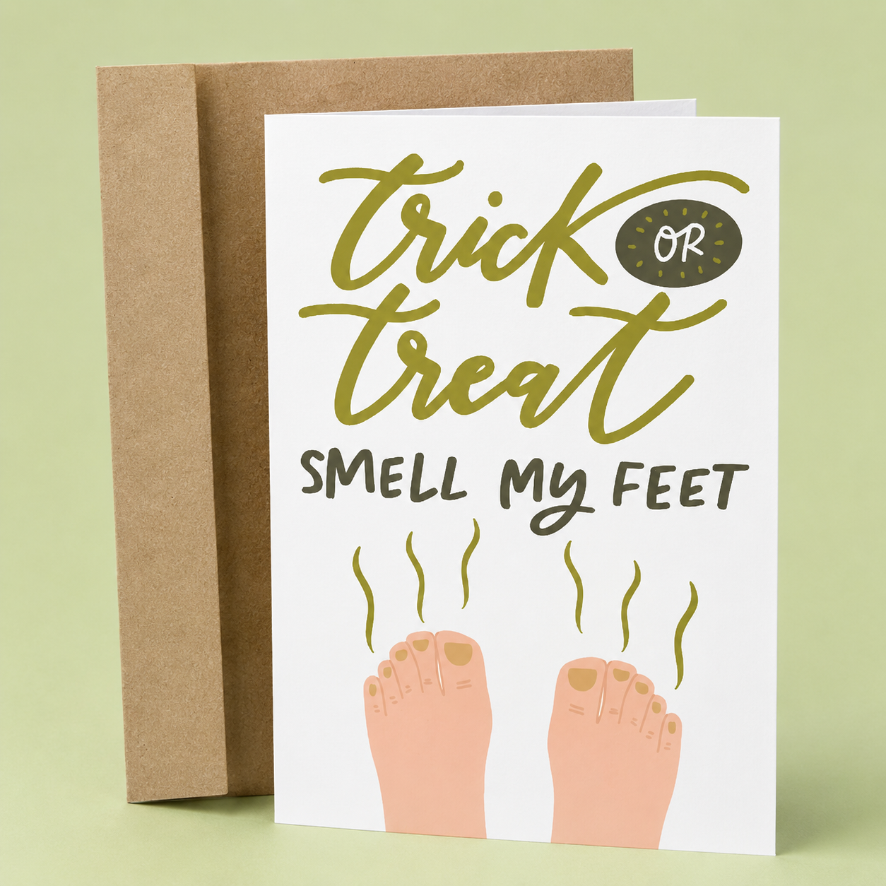 Sleazy Greetings funny Halloween greeting card featuring the phrase “Trick or Treat, Smell My Feet,” a humorous spooky season card with stinky feet artwork, perfect for Halloween parties, trick-or-treaters, friends, family, coworkers, or anyone who loves classic Halloween humor.